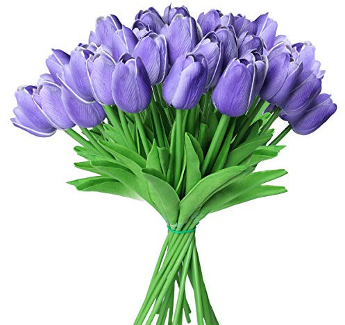 Tifuly 24 Stück Künstliche Tulpen, Realistische Latex-Tulpe mit Weichem PU-Stiel, Elegante Blumendekoration für Brautsträuße, Haus, Party, Büro, DIY Blumenarrangements (Lila)