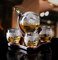 Attractive Home Bar Décor 5 pc Whiskey/Wine Globe Decanter Set, World Etched Bottle with 4 Premium Glass Cups on Attractive Mahogany Wood Stand. - THE PERFECT PRESENT -