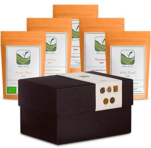 Essential Indian Spices Organic Selection - Most Important Spices in Indian Cuisine - Star Anise, Nutmeg, Cinnamon, Turmeric, Holy Basil