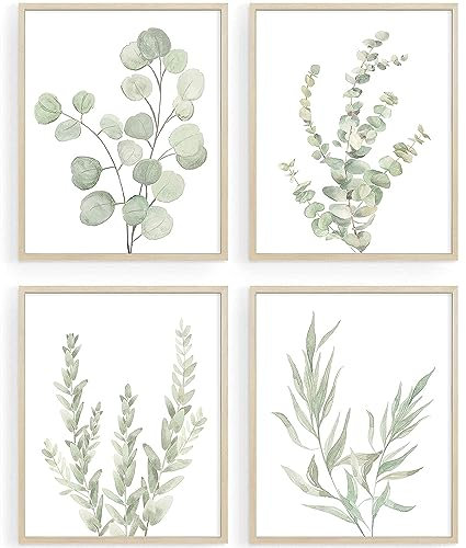 Howwii Stampe artistiche da parete per bagno, stile bohémien, senza cornice, motivo piante verdi salvia per camera da letto, ufficio, stampe artistiche minimaliste con foglie di eucalipto, set di 4