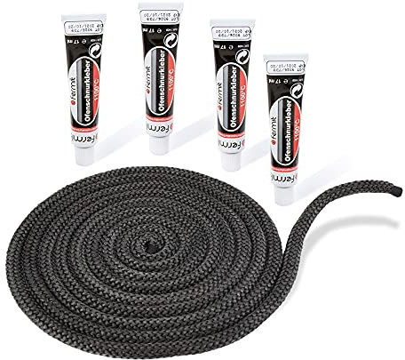 LANZZAS Cordon d'étanchéité pour cheminée et four - Diamètre : 14 mm - Longueur : 4 m - Ruban en verre pour portes de cheminée - Résistant à la chaleur jusqu'à 550 °C - Avec colle de montage ignifuge.