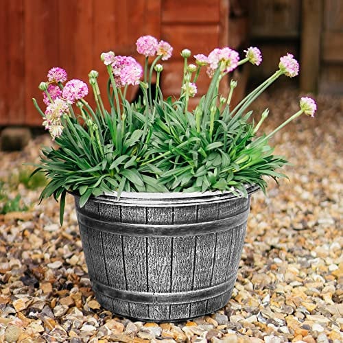 SG Traders Round Plastic Barrel Tub Planter Garden Plant Pot Flower Pots Antique Silver Whiskey Barrel Plant pots lightweight Unique Design Garden planter pack of 2
