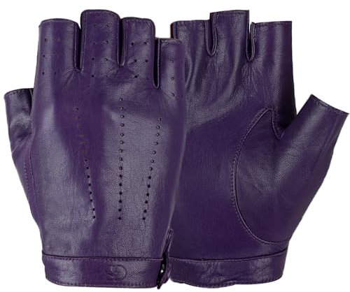 GSG SINCE 1998 Halbfinger Lederhandschuhe Damen – Fingerlose Fahrhandschuhe aus weichem Schafsleder, atmungsaktive Handschuhe mit Druckknopfverschluss, Geschenkverpackung Violett S