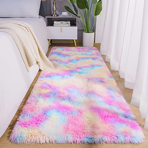 AROGAN Weicher Regenbogen-Teppich für Mädchenzimmer, 60 x 180 cm, flauschiger Mädchen-Schlafzimmer-Teppich, Prinzessinnen-Teppich, niedlicher bunter Teppich für Kinder, Teenager, Kinderzimmer,