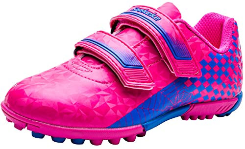 Saekeke Fussballschuhe Kinder TF Fußballschuhe Jungen Mädchen Low-Top rutschfest Trainingsschuhe mit Doppelter Klettverschluss S2112 Pink Blau 34EU