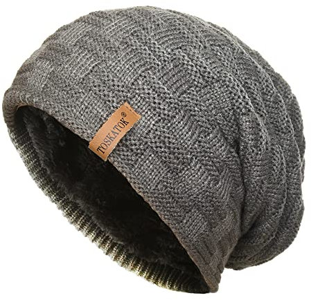 TOSKATOK® Herren Unisex Warmer Winter Strukturierter, wärmeisolierender Strick-Slouch-Mütze mit kuscheligem Kunstpelz-Teddyfleece-Futter