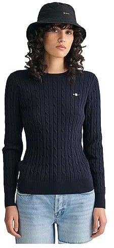 GANT Filo di Cotone Elasticizzato con Collo a C Maglione, Blu Serale, L Donna