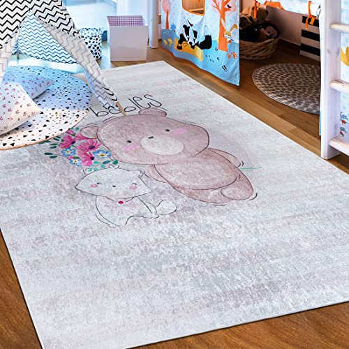 Mazovia Kinderzimmerteppich Antirutsch - Waschbar bis 30 Grad - Tiere - Kurzflor Kinderteppich Teppich für Kinderzimmer - ÖKO-TEX Zertifiziert - Teppiche Mädchen Rosa Pink Grau 80 x 150 cm