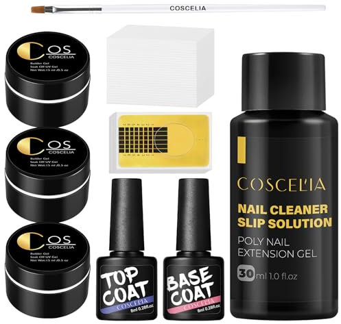 COSCELIA Aufbaugel für Gelnägel 3 Stück UV Gel Nagellack Set 15ml mit Slip Solution und Unterlack Überlack Professionelles Nagel-Set