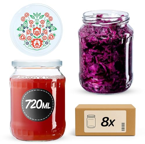 KADAX 8st Einmachgläser 720 ml, ideal zum Einkochen und Aufbewahren, Gläser mit Schraubverschluss, Einkochgläser mit Schraubdeckel, Twist Off to 82, Vorratsgläser zum Einlegen (Folklore)
