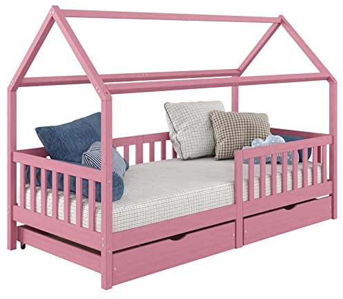 IDIMEX Lit cabane NUNA lit Enfant Simple Montessori en Bois 90 x 190 cm, avec Rangement 2 tiroirs, en pin Massif lasuré Rose