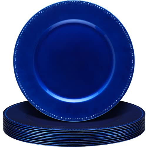 Gerrii 12 Pcs Metallic Bead Charger Plates 13 Inch Plastic Round Plates Bulk Wedding Beaded Chargers for Table Party Event Decoration(Ocean Blue)