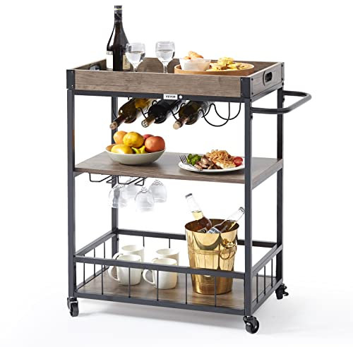 VEVOR Carrito de bar, carrito de servir para el hogar,3 niveles de 110 libras con ruedas con cerradura, carrito móvil de bebidas con alcohol con bandeja extraíble, soporte de vidrio para cocina, come