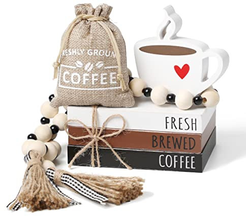 4 Stück Coffee Bar Dekor Schild Coffee Bar Mini Zubehör Kaffee gestuftes Tablett Dekor Jute-Vintage Kaffee Holz Buch Rustikales Bauernhaus Couchtisch Schild