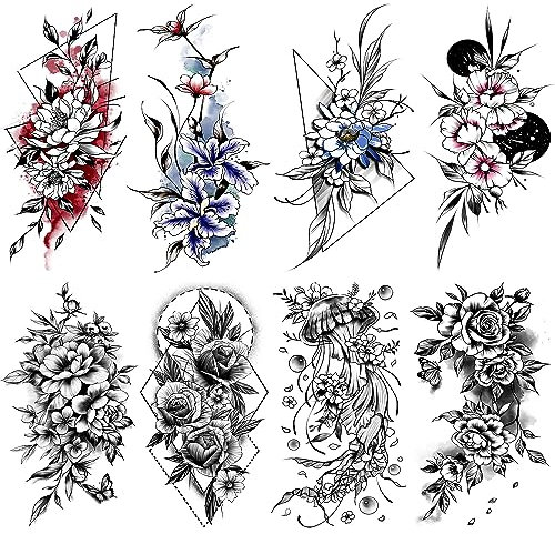 Acevegue Temporäre Tattoos set, 12 Blätter Groß Schwarz Rose Blumen Fake Tattoos zum Aufkleben für erwachsene Frauen Damen, Wasserfest Realistische Sexy 3D Temporary Tattoos auf dem Arm Beine Hals