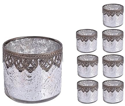 Jinfa Set di 8 Portacandele in stile orientale, portalumini in vetro decorativi, porta candele votive | Forma cilindrica | Argento Ø 10cm x h 9cm