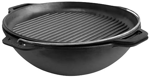 Brizoll - Olla de horno holandés para camping con tapa de parrilla de 15.85 cuartos de galón (15 L) - Juego de utensilios de cocina de hierro fundido - Kazan para Plov - hierro fundido uzbeko Kazan