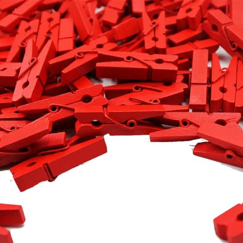 Yurosiay Lot de 100 pinces en bois multicolores de 3,5 cm - Mini pinces en bois - Pour photos, cartes postales, lettres, travaux manuels - Rouge