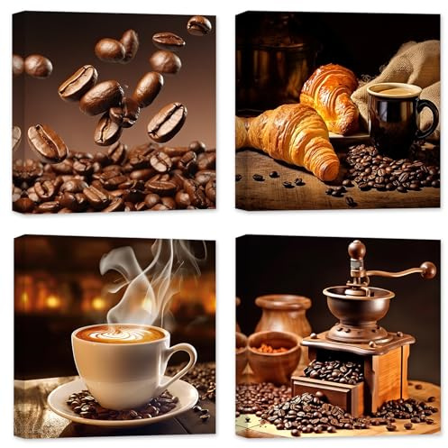 ZXHYWYM Küchen Wanddekoration 4 Teilig Kaffeebohne Latte Croissant Leinwanddrucke Vintage Essensbilder braune Kunstwerke für Restaurant Esszimmer Café Bar (Bild-2, (30.00 x 30.00 cms x 4 Teilig))
