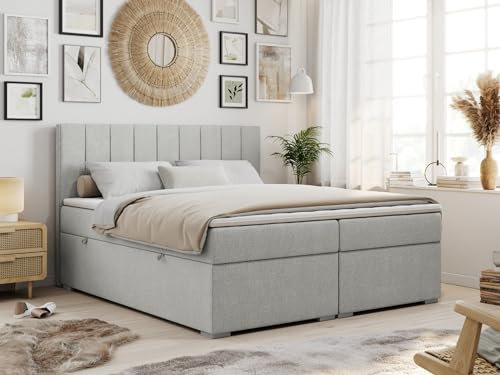 MKS MEBLE Boxspringbett 140x200 mit 2 Bettkästen, Polsterbett 140x200 mit Matratze H3 Topper, Boxspringbett 140x200, Polsterbett 140x200, Bett 140x200 mit Kopfteil - Hellgrau Strukture - H3 - Ally