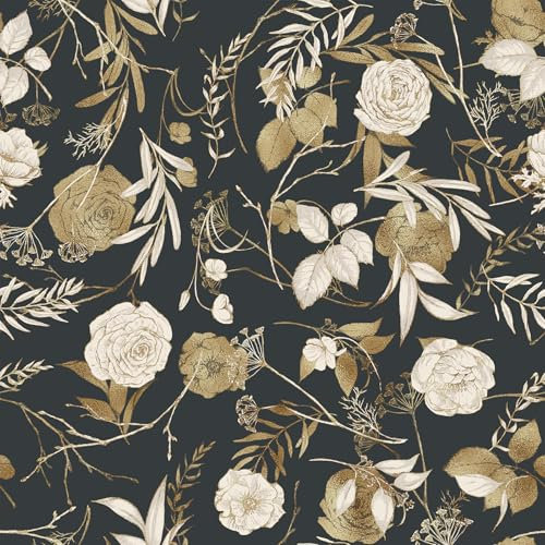 VaryFloral Wandtapete Tapeten Gold Rose 30.5cmx300cm Tapete Blumen Selbstklebende Tapete Dunkel Botanisch Selbstklebende Möbelfolie Blumentapete Vintage Wand Tapeten Zimmer Kabinett Schublade