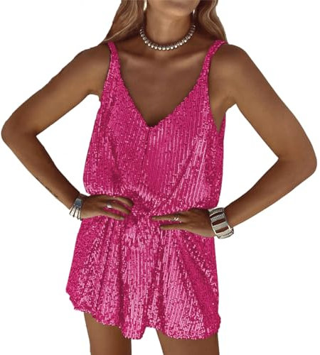 LIAOPUFUS Femme Robe Courte à Bretelles en Col V Sexy Halter Robe à Paillettes Sequins Brillants Robe Lâche (63 Rose, L)