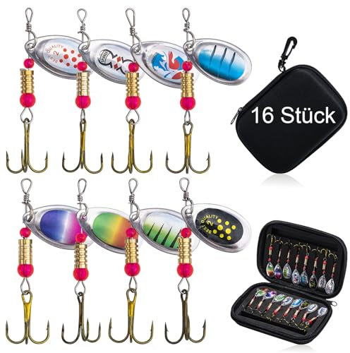 Goture Forellenköder Spinner Angeln Blinker Set, 16 Stück Spinnerköder mit tragbarer Tragetasche, Hartmetallköder, Löffelblatt-Angelköder-Set für Barsch, Forelle, Hecht, Zander, Crappie-Angelgerät