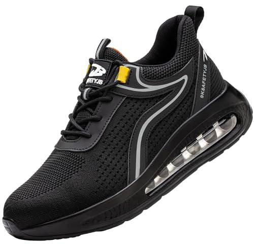 TOLHE Zapatos de Seguridad Hombre Mujer Calzado Seguridad Deportivo Puntera de Acero Antideslizantes Ligero Zapatos de Cocina Hombre Negro Plata 36EU