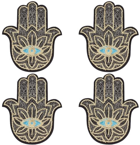 INFUNLY 4pcs Golden Hamsa Blue Eye Sequins Iron On Patches for Clothing Buddha's Hand Sequins Fabric Sew on Patches DIY Palm Eyes Ironing Patch Embroidered Applique for Clothing Hat Repair Decor