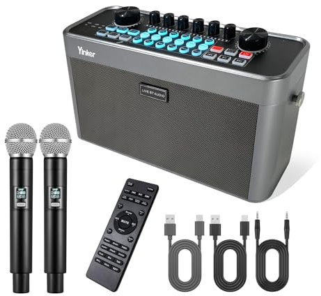 Yinker Karaoke Maschine mit 2 Kabellose Mikrofones Audio Mixer Tragbarer Bluetooth Karaoke Lautsprecher, Live Sound Karte mit Bass/Höhen/Sound Effekte/OTG/AUX