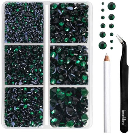 BEADSLAND pedreria hotfix,4000 PCS piedras verde strass termoadhesivas diamantes cristales para manualidades,Kit mixto de 6 tamaños con lápiz de cera y pinzas,SS6-SS30,Verde Esmeralda Rhinestones