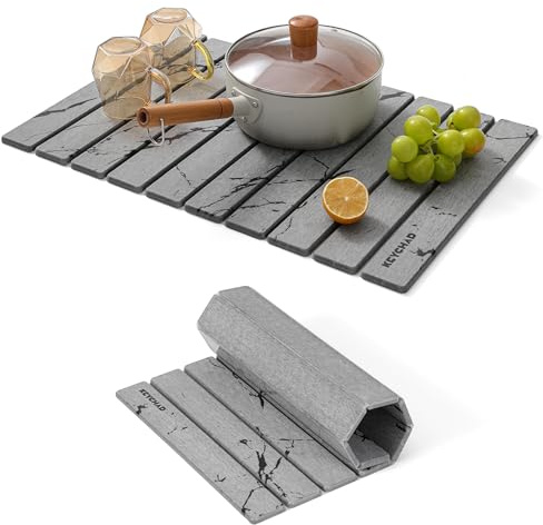KEYCHAD Große Stein-Trockenmatte für Küchentheke, 61 x 40 cm, schnell trocknend, zusammenklappbar, super saugfähige Kieselgur-Matte, Stein-Abtropfmatte für Tassen, Geschirr, Flaschen (Schiefer)