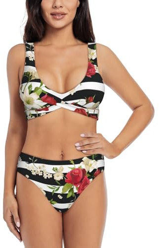 Black White Stripes Red Rose Flowers Print High-Waisted Two-Piece Bathing Suit, Bikini Set for Women,High Cut Triangle Bikini Swimsuit