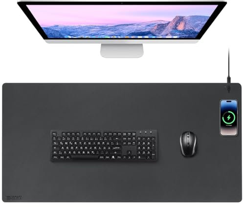 Tapis de souris de bureau avec chargement sans fil, tapis de souris en cuir avec chargeur sans fil, 15 W, tapis de bureau de jeu antidérapant, 36 L x 17 large charge sans fil tapis de bureau