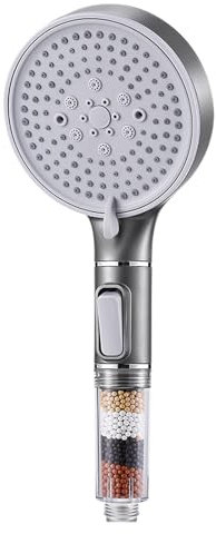 Kopfbrause mit Filter, Handbrause mit Booster-Funktion, 5 Strahlarten und Stopp-Funktion, Handbrause mit Mineralfilter entfernt hartes Wasser, Restchlor, Bakterien und Schwermetalle (grau)