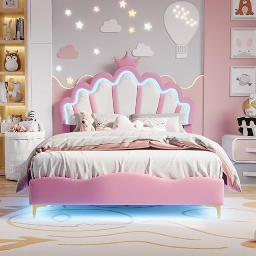 BursDany Lit Enfant Rembourré 140x200 cm avec LED pour Fille Adolescent- Tête de Lit Réglable en Hauteur, Sommier à Lattes, Design Couronne de Princesse en PU Rose (sans Matelas)