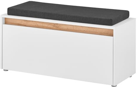 Furn.Design Garderobe Sitzbank weiß und Eiche Wotan Garderobenbank mit Sitzkissen Flur Diele Eingangsbereich 100 cm Center (Weiß, mit Sitzkissen)