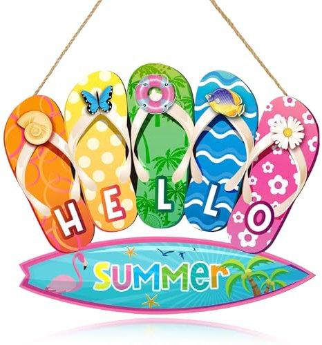 Hello Summer Decoración Colgante Madera, 13 Pulgadas X 5,9 Pulgadas Adornos de Verano, Adornos Colgantes Pared Interior, Adecuado para Playa de Verano, Decoración de Pared de Puerta de Porche