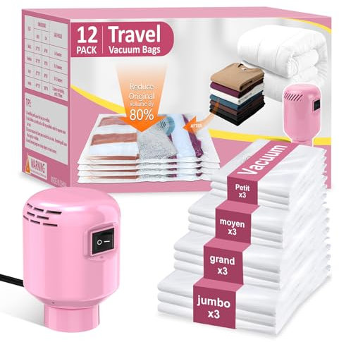 Sacchetti sottovuoto per vestiti con pompa ad aria elettrica 5pezzi (80cmx60cm), per Copriletti, Vestiti, Trapunte, Cuscini,Risparmia l'80% di Spazio per Viaggi, Impermeabile e Antipolvere