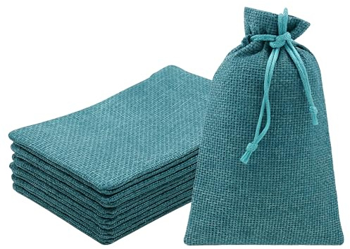 Mandala Crafts 6X8 Inch Teal Burlap Drawstring Gift Bags for Favors - 30 Medium Linen Sacks Gift Pouches for Candy, Coffee, Jewelry, Wedding, and Party Supplies