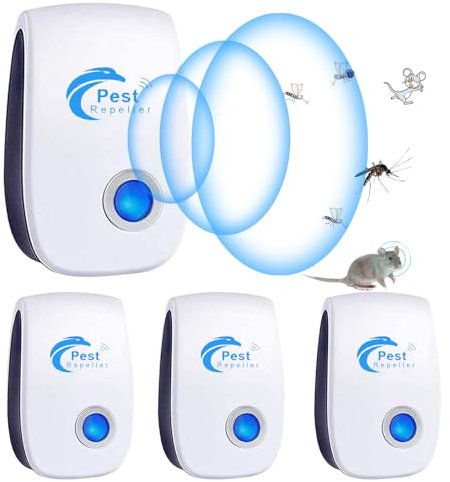 Repelente Ultrasónico de Plagas, 4 Pack Electrónico Repelente Mosquitos Insectos Control de Plagas,Repelente Ultrasónico Ratas para Interiores Anti Cucarachas, Moscas, Mosquitos, Ratones, Arañas