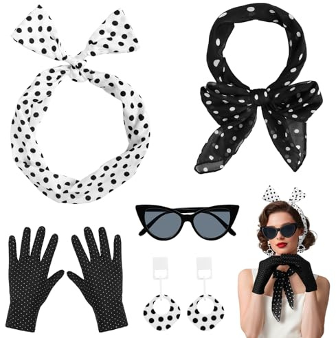 Alaoo 5TLG 50er Jahre Damen Kleid Zubehör,Rockabilly Accessoires Damen Set mit Chiffon Schal Handschuhen Stirnband Ohrringen,Rockabilly Accessoires 50er Jahre für Karneval Motoparty Retro Party