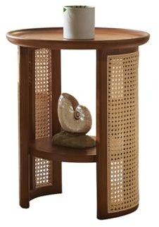AERTSDFGT Nachttisch Sofatisch Home Wohnzimmer Sofa Beistelltisch Hoch und Niedrig Wabi-Sabi-Stil Retro Holz Rattan Kleiner Couchtisch Niedriger Tisch Couch Beistelltisch(A,M-60x45cm)