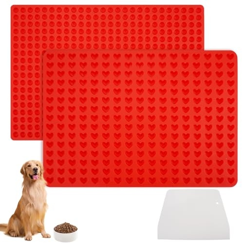 2 Stück Backmatte Hundekekse, Hundebackmatten Silikon mit Teigspatel, Backmatten für Hundeleckerlies, Leckerli Backmatte für Hunde, für Mikrowelle Backofen (1.2 cm Halbkugel+1.5 cm Herzform)