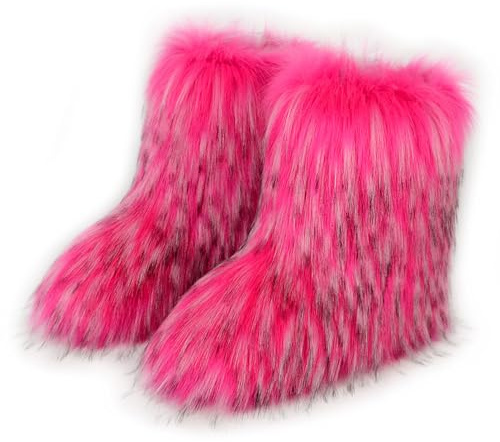 Femmes Linda Fluffy Bottes Chaud L'hiver Bottes de Neige with Faux Raccoon Fourrure Chaussures Custome Festival Chaussures Fourrurery Feet Paws Rave Fuzzy Leg Chauder Outdoor Cherry-Red Size 39