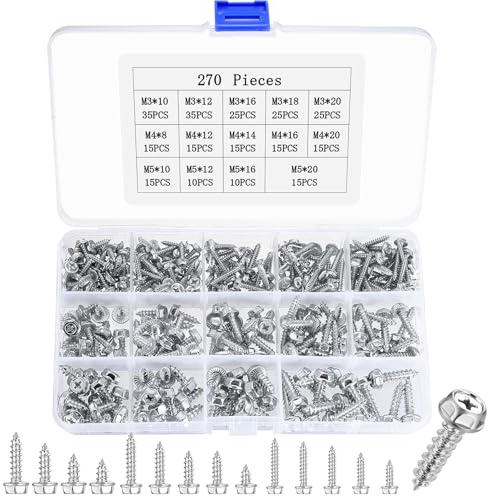 270 PcsTornillos Autorroscantes de Cabeza Hexagonal, M3 M4 M5Tornillos de Cabeza en Cruz con Brida, Tornillos para Madera, Tornillos Autotaladrantes para Chapas Metalicas Plástico(Zinc Blanco)