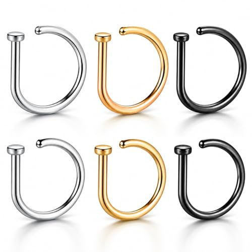 YUVKIN Lot de 6 Faux Anneaux de Piercing Nez, Septum et Lèvre, Boucles d'Oreilles Sans Aiguille en Acier Chirurgical pour Narine, Poitrine, Oreille, Lèvre (Or, Argent, Noir)