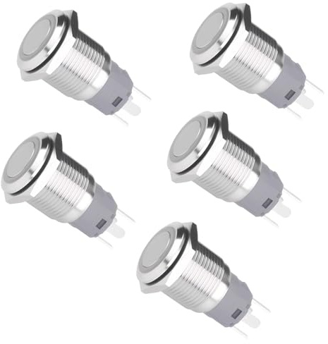 Taster 12V - 16 mm Selbstverriegelnder Drucktastenschalter (5er-Pack) mit Runder Beleuchtung und Flachem Kopf, Wasserdichte Drucktastenschalter für Autos, Boote, Motorräder und Elektronische Geräte