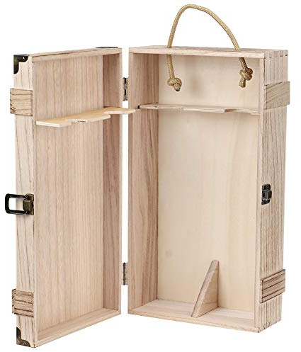 RASTKY Retro Vintage Portable Wooden Wine Storage Box With Carrying Rope for 2 Bottles Red Wine - Decorative Holder