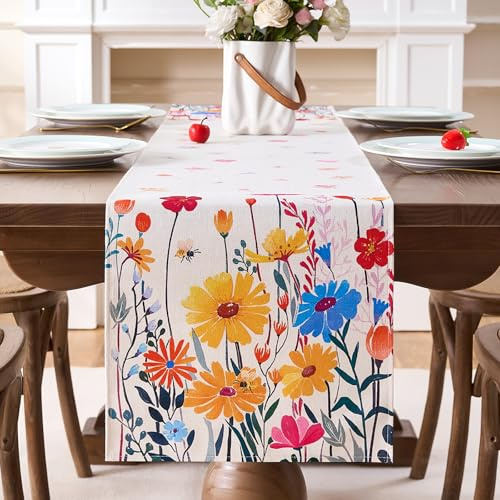 Tischläufer Frühling Blumen Tisch läufer 40x100cm Modern Läufer Abwaschbar Tisch Klein Gänseblümchen Tischläufer Bunt Blumen Frühlingsdeko Innen für Küche Party Drinnen Urlaub Couchtischen Esstischen
